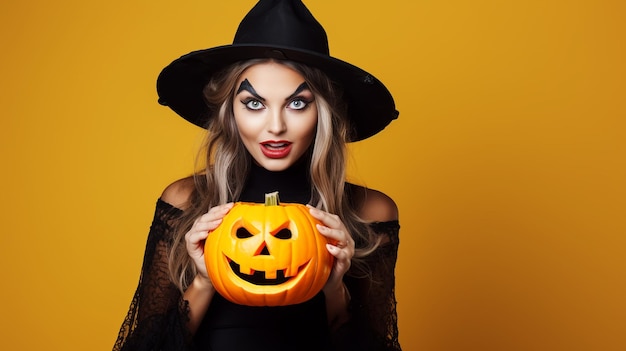 Photo une femme magicienne portant un costume noir et un maquillage d'halloween tenant une citrouille sculptée