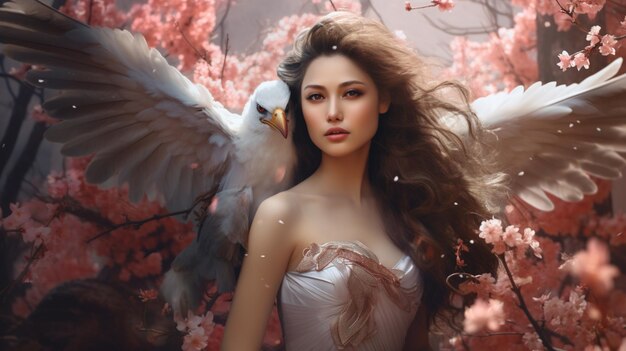 Une femme magnifique avec des ailes d'aigle dans une forêt magique