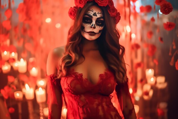 Une femme magnifique en tenue traditionnelle rouge Dia de Muertos