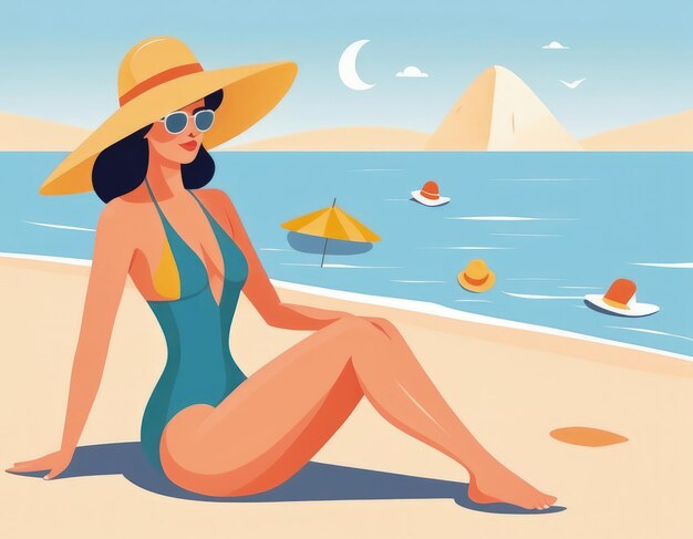 Femme en maillot de bain et chapeau sur la plage Illustration vectorielle générative