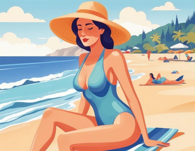 Femme en maillot de bain et chapeau sur la plage Illustration vectorielle générative
