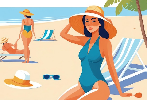 Femme en maillot de bain et chapeau sur la plage Illustration vectorielle générative