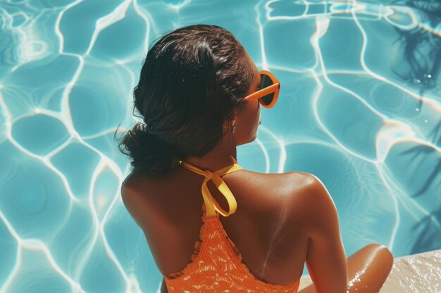 Une femme en maillot de bain orange vibrant se détend au bord de la piscine à profiter de la chaleur du soleil couchant