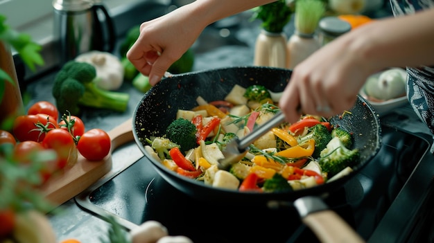 Femme main gros plan cuisine légumes sautés Ai Generative