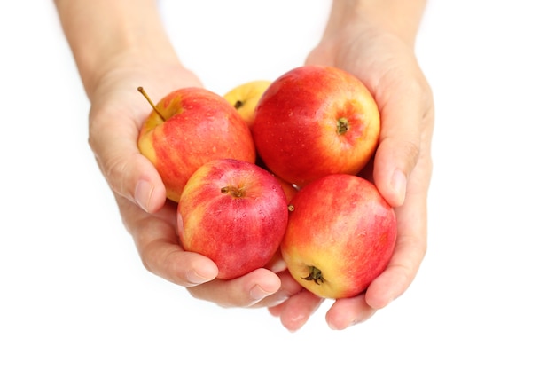 Femme Main Tenant Une Pomme Rouge Isolée Sur Fond Blanc