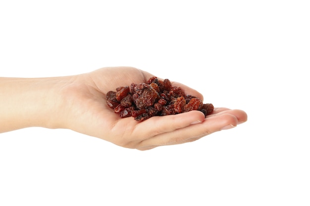 Femme main tenir les raisins secs, isolé sur fond blanc