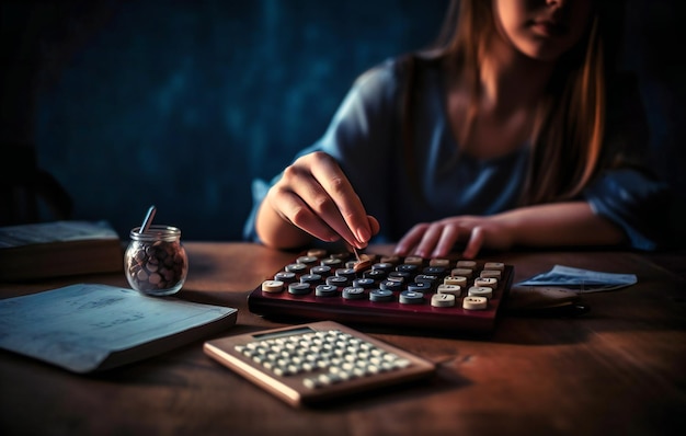 Une femme mains et calculatrice sur une table