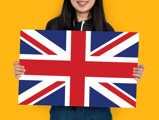 femme, mains, tenir, angleterre, royaume-uni, drapeau, patriotisme