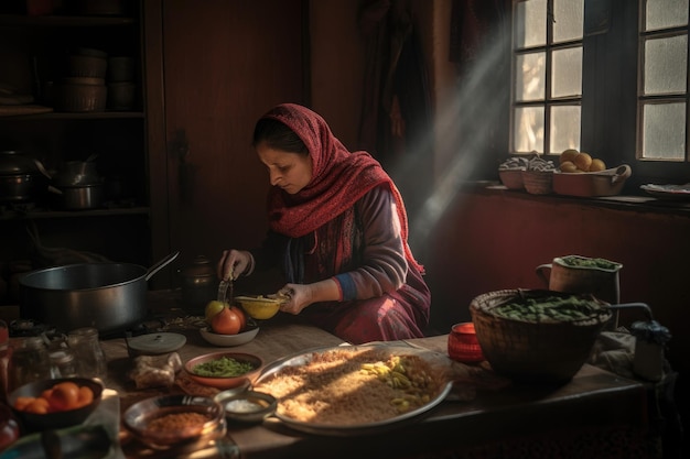 Une femme à la maison préparant un repas créé avec l'AI générative