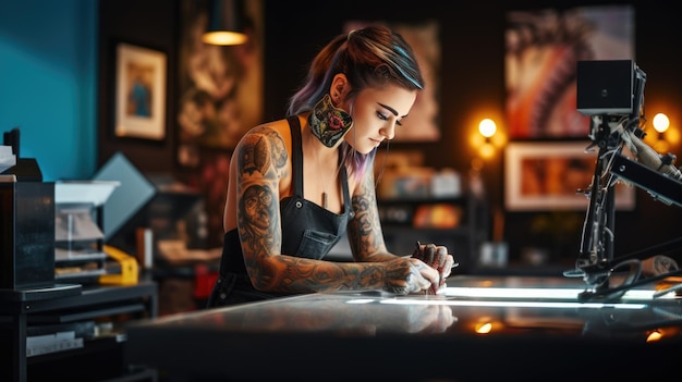 Une femme maître dans un salon de tatouage fait un croquis d'un futur tatouage