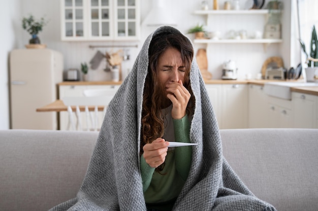 Femme malade assise sur un canapé à la maison avec un thermomètre dans les mains souffrant d'éternuements de nez qui coule