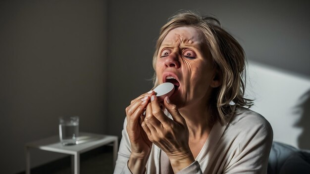 Photo une femme malade avalant une pilule blanche ronde.