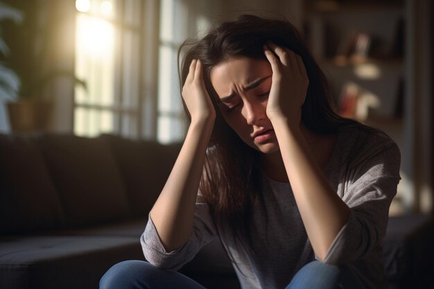 Femme malade ayant un mal de tête dans le salon pendant la journée