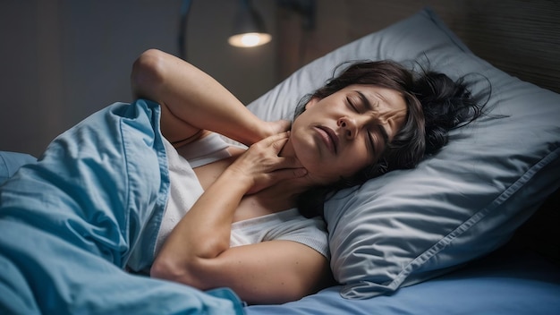 Une femme malade fatiguée au lit qui touche son cou souffrant de douleur.
