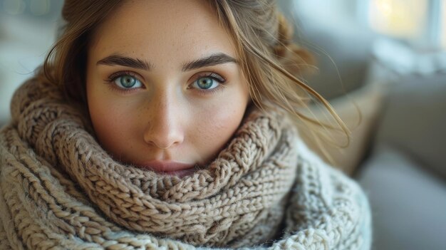 Une femme malade avec un foulard et une couverture dans ses mains elle a un symptôme de fièvre concept de maladie de rhume ou de grippe