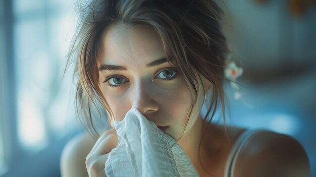 Photo une femme malade de la grippe s'essuie le nez avec une serviette blanche.