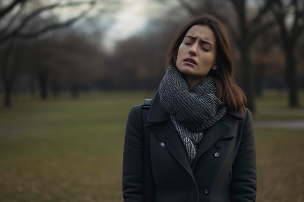 une femme malade avec un mal de gorge se promène dans le parc