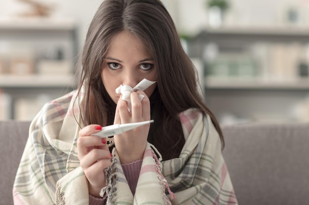 Femme malade prenant la température