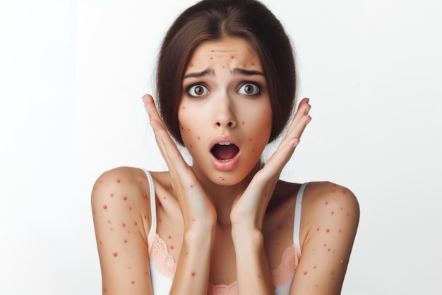 Photo femme malade surprise avec la varicelle isolée sur un fond blanc