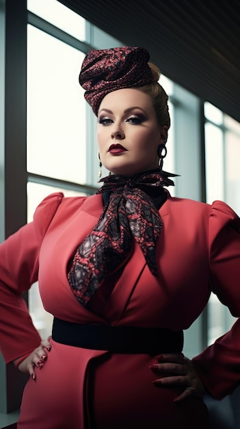 Femme manager de haute couture grande taille en tenue avant-gardiste bureau de luxe Mamiya 7 80