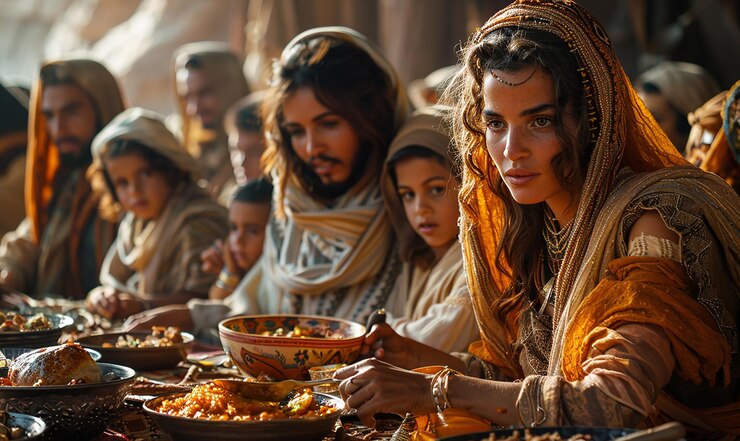 Photo une femme mange un repas avec d'autres personnes
