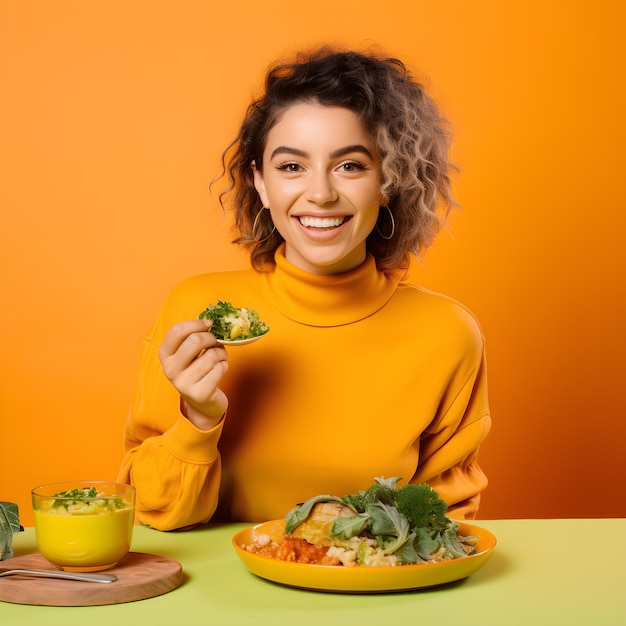 Une femme mange un repas sain et elle porte un col roulé jaune.