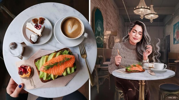 Une femme mange son délicieux brunch dans un café hipster. Vue du haut de la table en marbre.