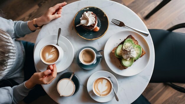 Photo une femme mange son délicieux brunch dans un café hipster. vue du haut de la table en marbre.