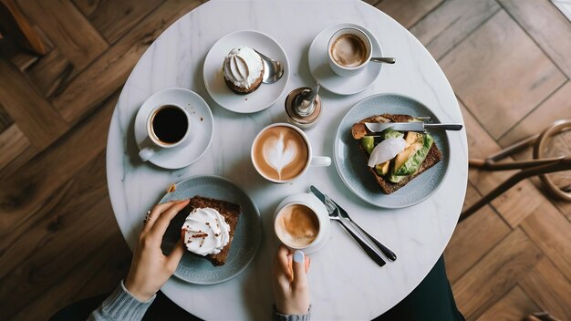 Photo une femme mange son délicieux brunch dans un café hipster. vue du haut de la table en marbre.