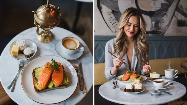 Photo une femme mange son délicieux brunch dans un café hipster. vue du haut de la table en marbre.