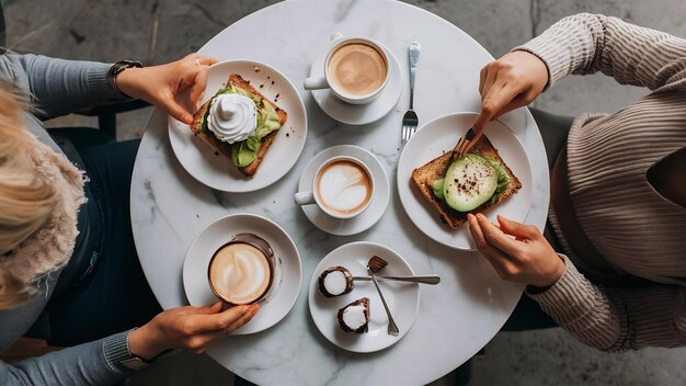 Photo une femme mange son délicieux brunch dans un café hipster. vue du haut de la table en marbre.