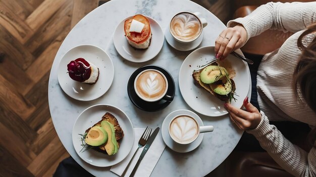 Photo une femme mange son délicieux brunch dans un café hipster. vue du haut de la table en marbre.