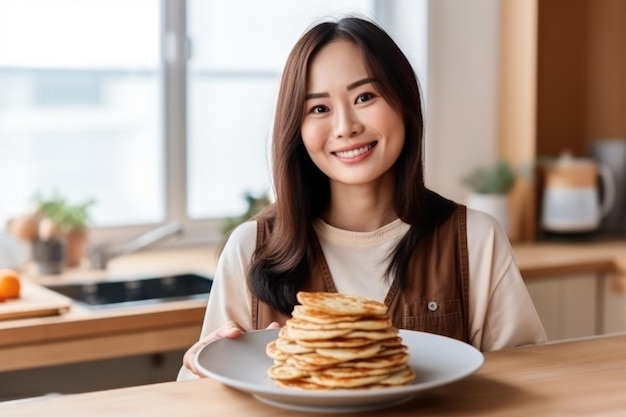 Une femme mangeant des crêpes au sirop au café AI Generative