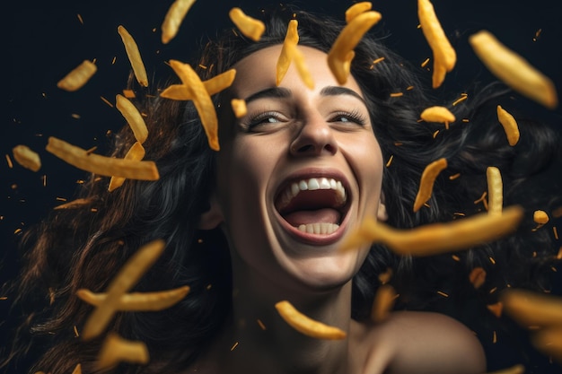 Photo une femme mangeant des frites générées par l'ia.