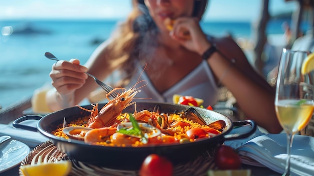 Femme mangeant de la paella, un plat espagnol traditionnel avec un fond flou et une belle vue sur la mer avec de l'espace pour le texte ou le produit.