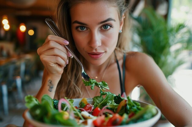 Photo une femme mangeant une salade avec une fourchette cette image peut être utilisée pour promouvoir des habitudes alimentaires saines et une alimentation équilibrée