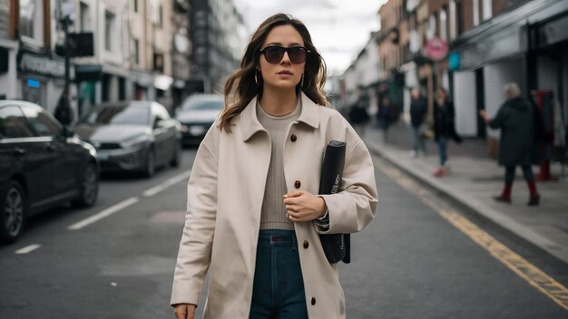 Une femme en manteau beige marche dans la rue.