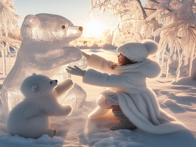 Photo une femme en manteau blanc joue avec un ours.