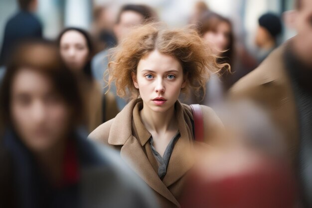 Femme avec un manteau brun et un sac rouge AI générative