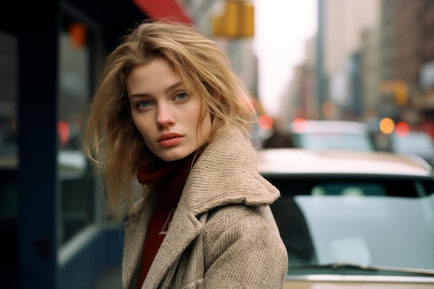 une femme en manteau debout devant une voiture