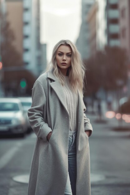 Une femme en manteau gris se tient dans une rue de la ville.