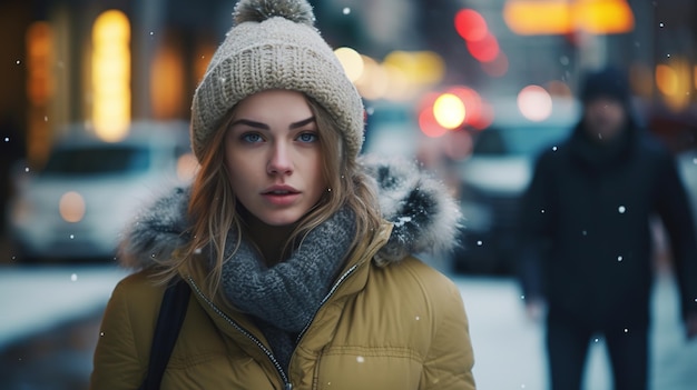 Une femme en manteau d'hiver se tient dans la neige.