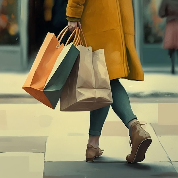 Une femme en manteau jaune porte des sacs à provisions.