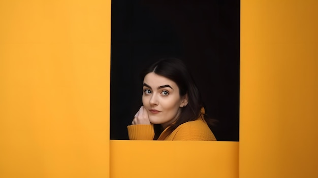 Une femme en manteau jaune regarde par la fenêtre.