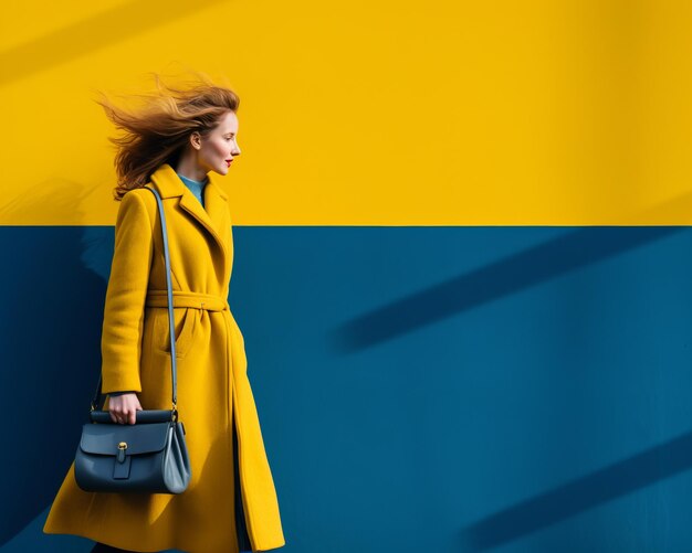 une femme en manteau jaune et sac bleu marchant contre un mur bleu et jaune