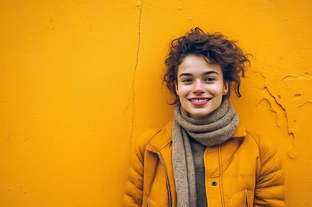 Une femme en manteau jaune se tient devant un mur jaune