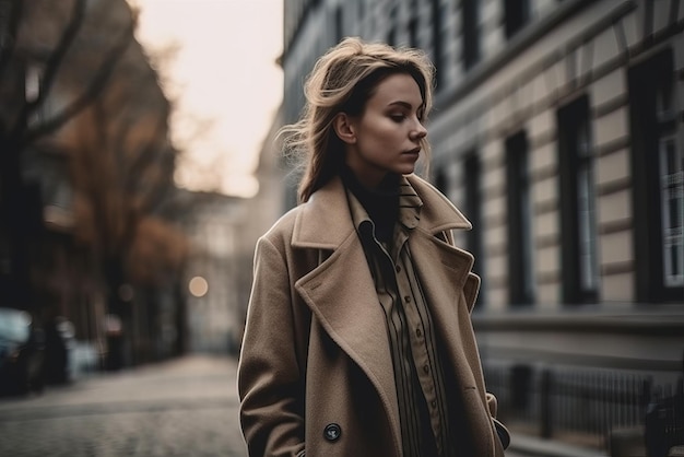 Une femme en manteau marron se tient dans une rue devant un immeuble.