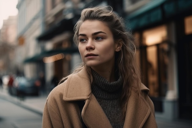 Une femme en manteau marron se tient dans une rue devant une vitrine.