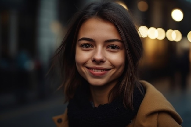 Une femme avec un manteau marron sourit à la caméra.