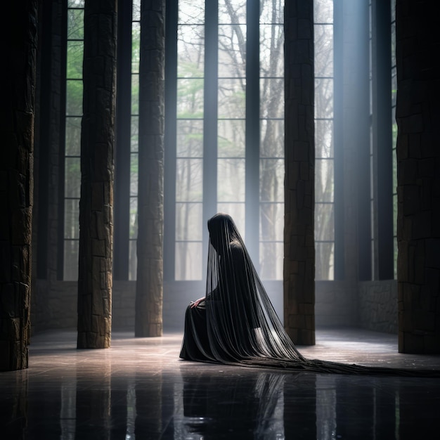 une femme en manteau noir assise dans une pièce sombre